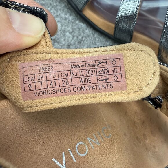 ✅ Womens 9 Vionic Amber Back-Strap Sandals Black Metallic linen Orthotic Support - Picture 2 of 13